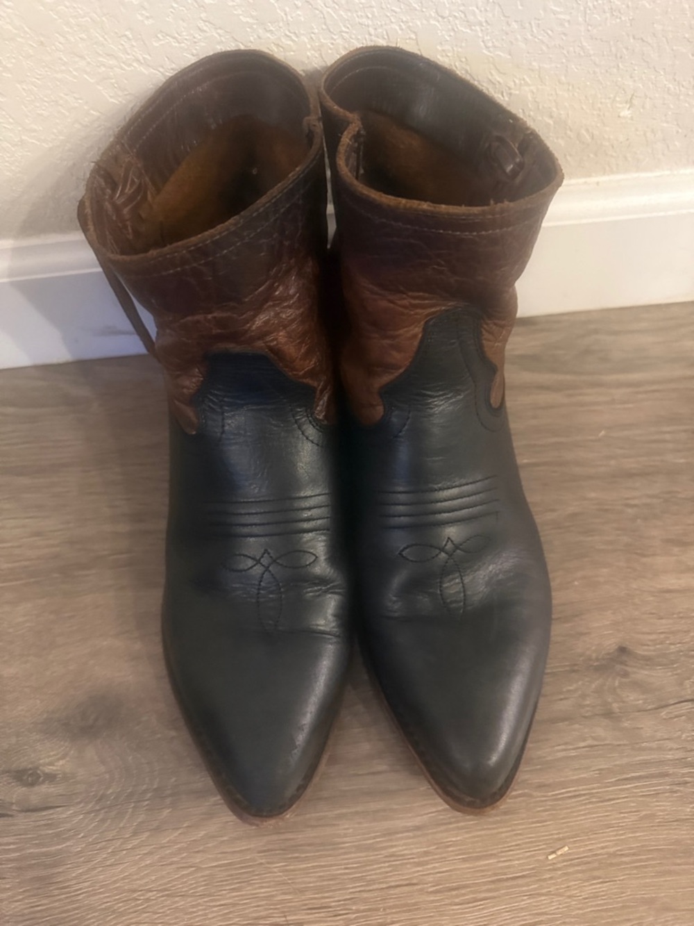Frye Two-Tone Black and Brown Leather Ankle Booties